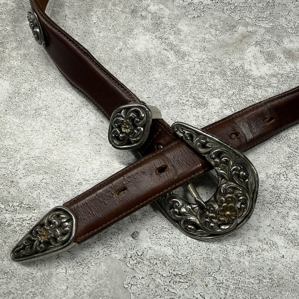 Lady Nadim Belt Womens 32 LG Brown Leather Western Concho Buckle Tip Wide Floral